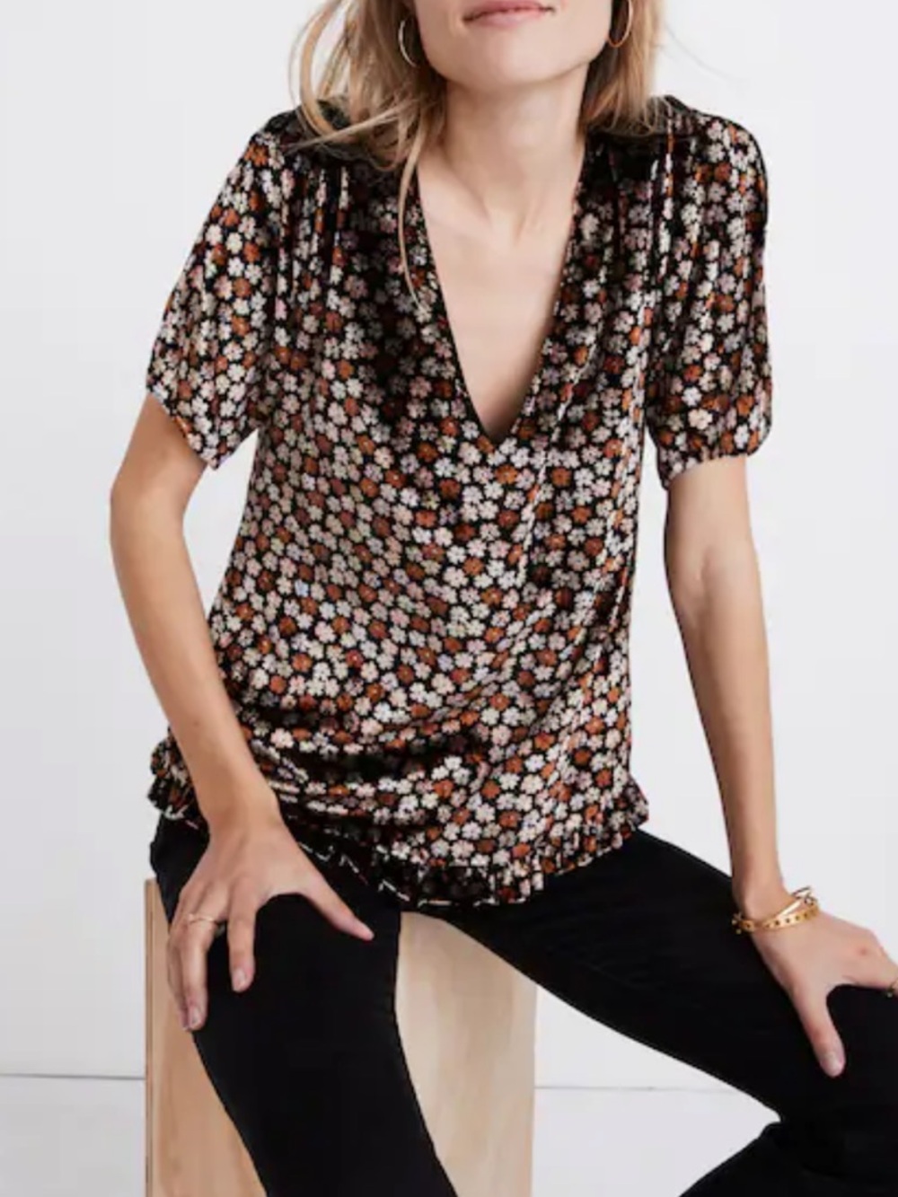 Madewell Boho Floral Velvet Tulip Sleeve Ruffle Top In Petite Blooms Size Large